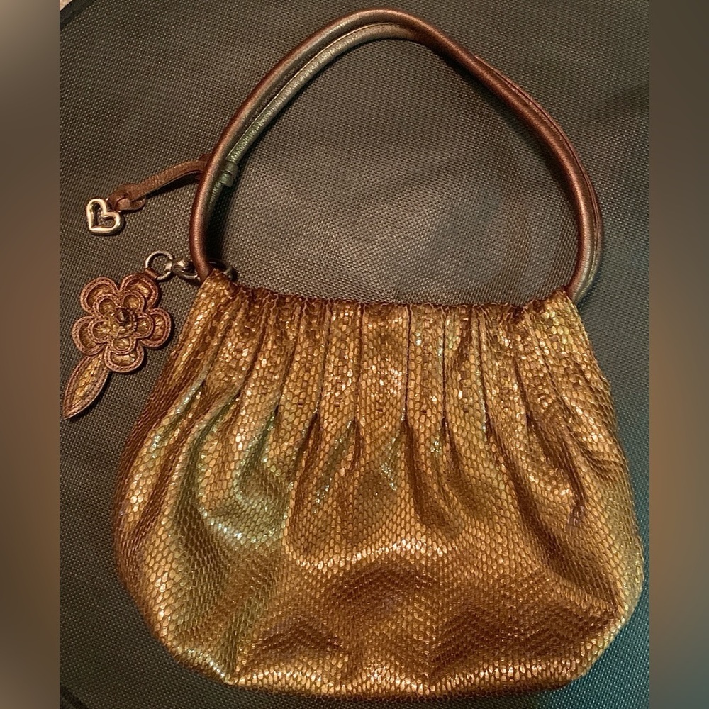 BRIGHTON Golden Bronze Leather Mock Snake Skin Shoulder Bag Purse mobwife style